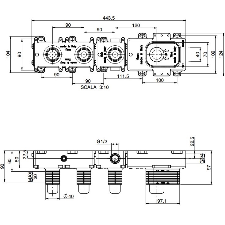 Внутренняя часть встраиваемого механического смесителя для душа, на 2 источника Fima Carlo Frattini F2462/1M