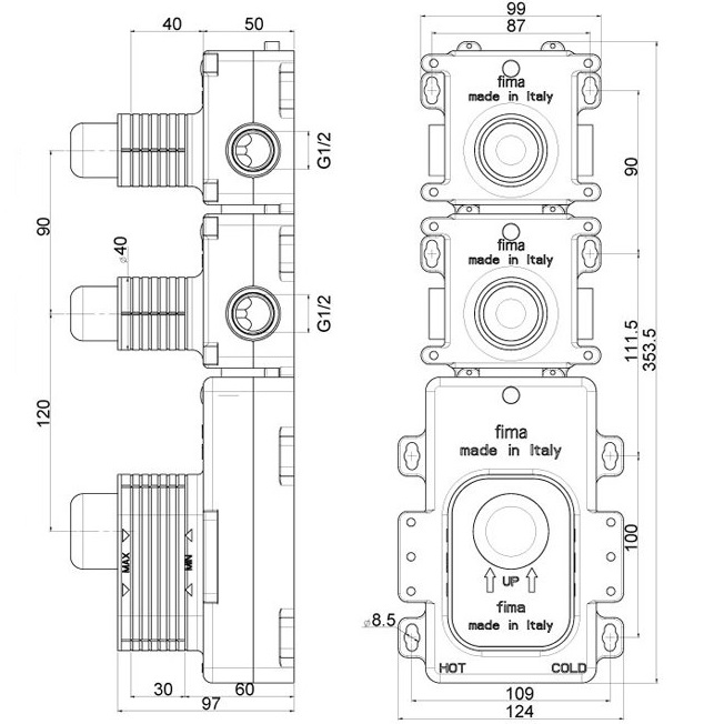 Внутренняя часть встраиваемого термостатического смесителя для душа Fima Carlo Frattini Fimathermbox F2462, 2 источника