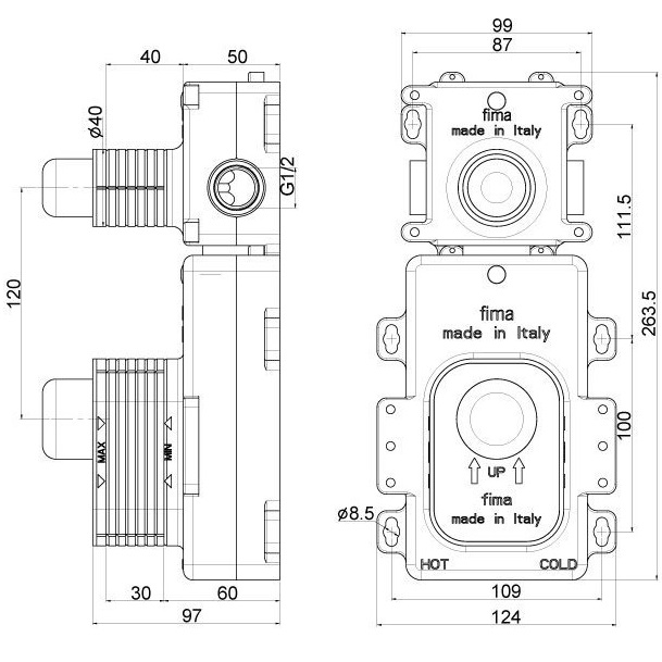Внутренняя часть встраиваемого термостатического смесителя для душа Fima Carlo Frattini Fimathermbox F2461, 1 источник