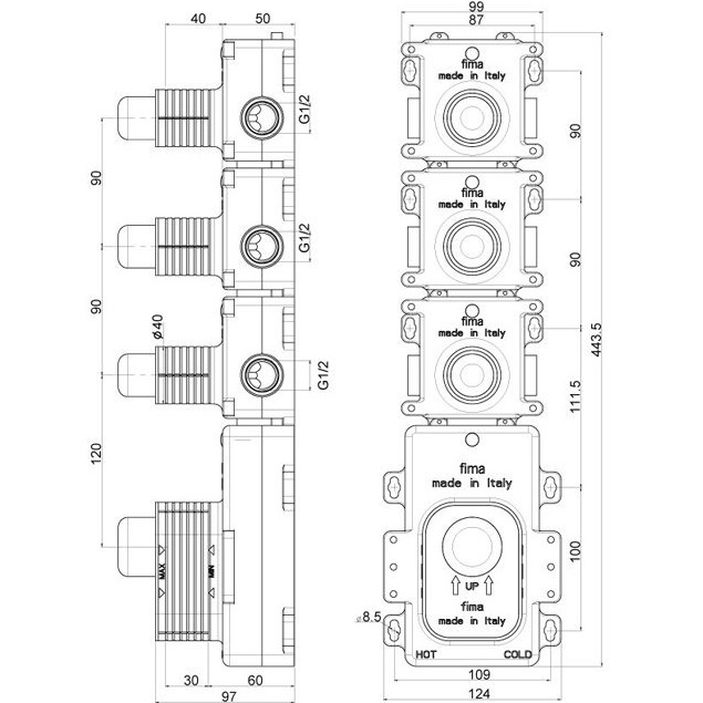 Внутренняя часть встраиваемого термостатического смесителя для душа Fima Carlo Frattini Fimathermbox F2463, 3 источника 