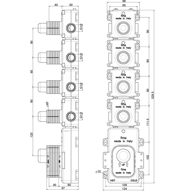 Внутренняя часть встраиваемого термостатического смесителя для душа Fima Carlo Frattini Fimathermbox F2464, 4 источника