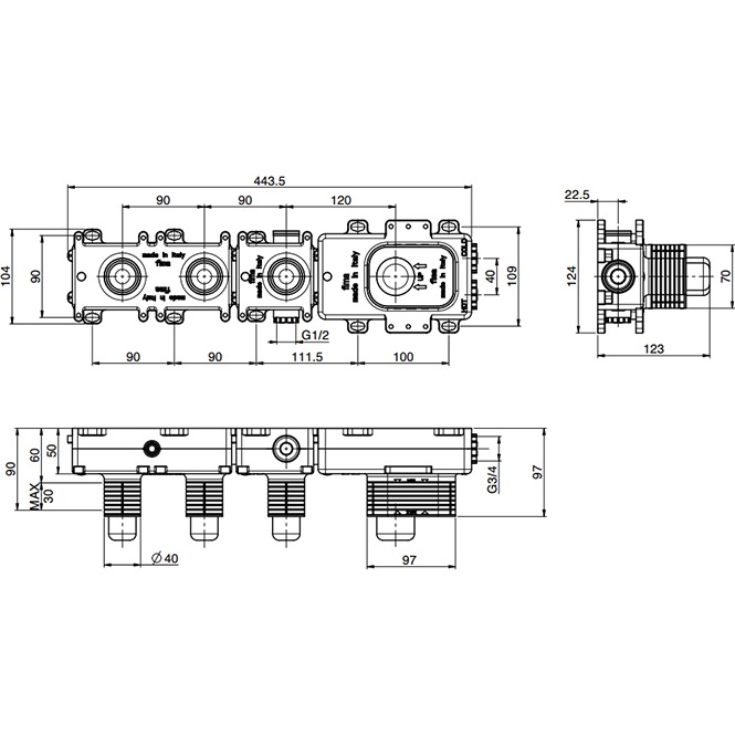 Внутренняя часть встраиваемого термостатического смесителя для душа с душевым комплектом, на 2 источника Fima Carlo Frattini F2462/1