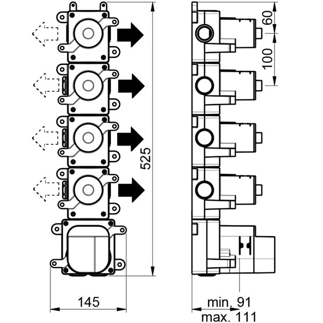 Встраиваемая часть, термостата на 4 потребителя, 4 вентиля Almar E176004