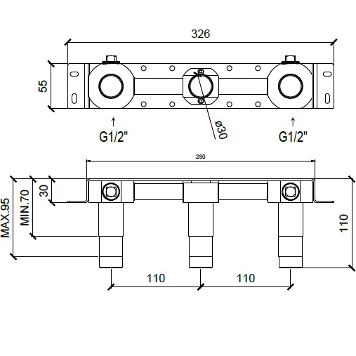 Встраиваемая часть настенного смесителя для раковины на 3 отверстия Almar Mixers E134011 (черный матовый), центральный излив
