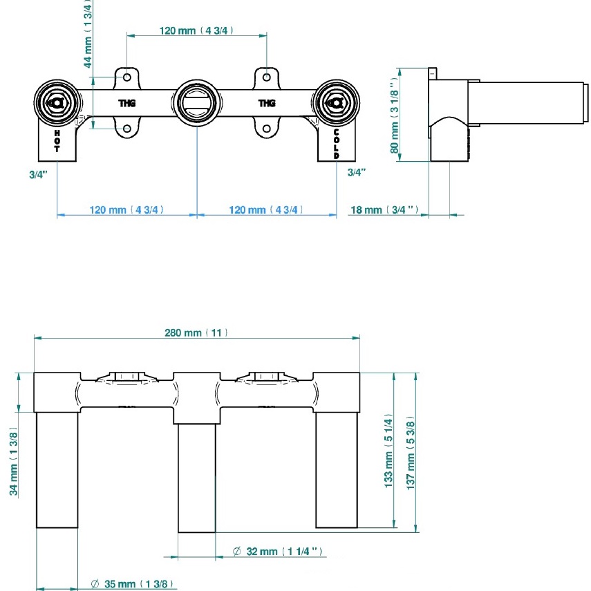 Встраиваемая часть смесителя настенного на 3 отверстия для ручек-рычагов THG General items G00-A00-40AM