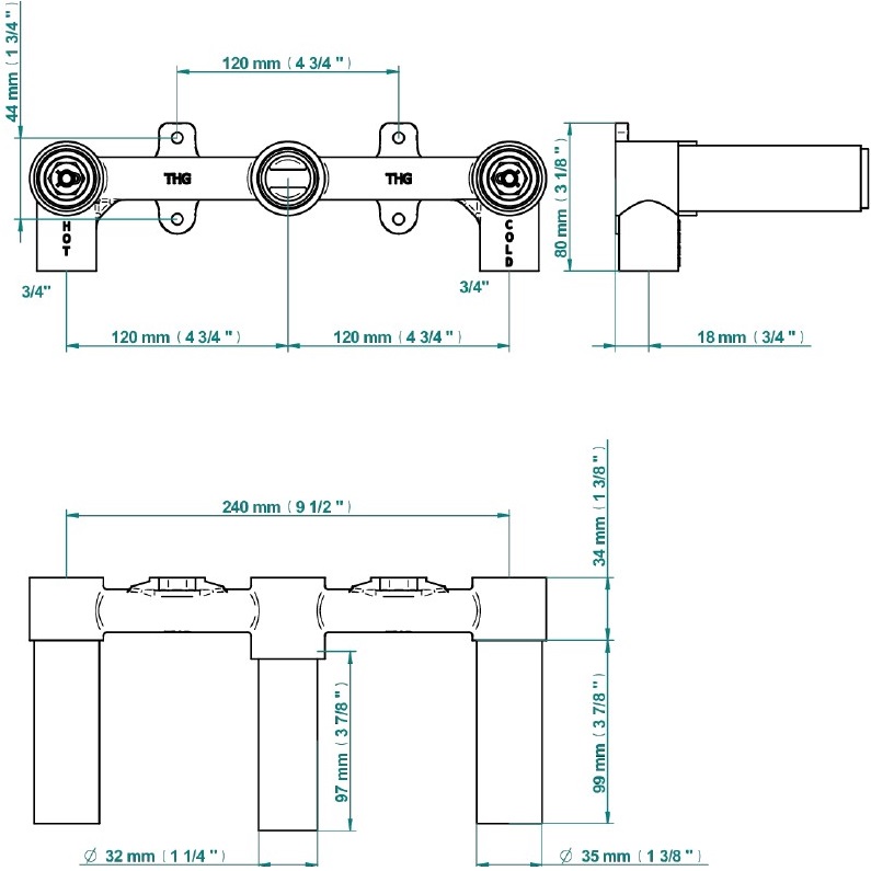 Встраиваемая часть смесителя настенного на 3 отверстия на пластине (рукоят.) THG G00-A00-40AC