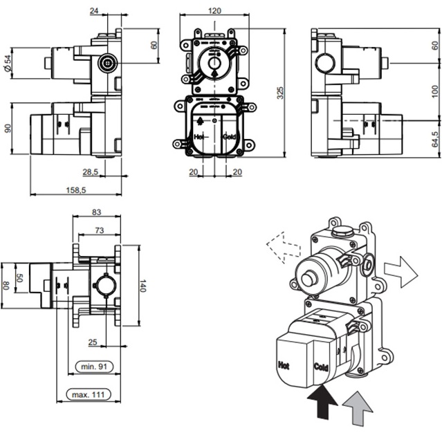 Встраиваемая часть термостата на 3 потребителя, 3 вентиля Almar E176003