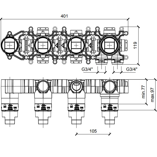 Встраиваемая часть термостатического смесителя с переключателем на 2 положения Almar Modula E176910
