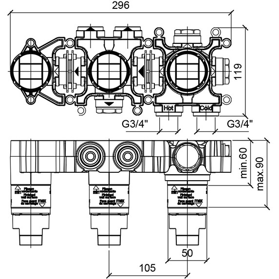 Встраиваемая часть термостатического смесителя с переключателем на 3 положения Almar Modula E176904