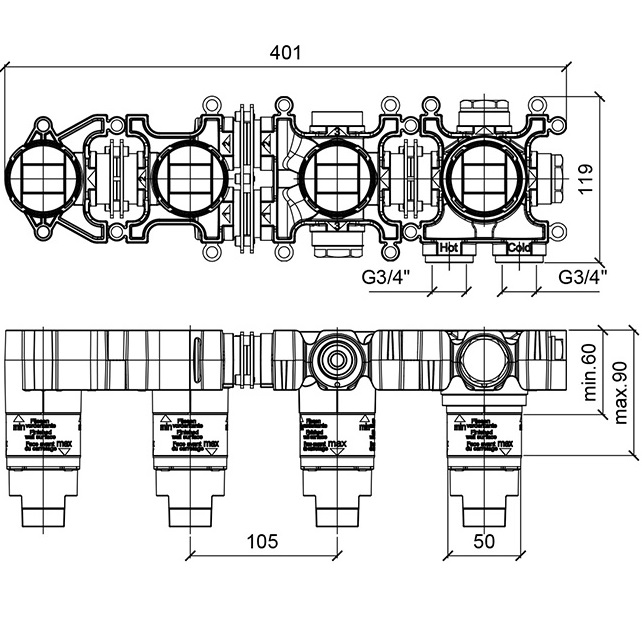 Встраиваемая часть термостатического смесителя с переключателем на 3 положения Almar Modular E169002