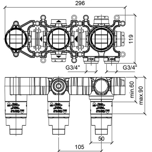 Закладная однорычажного смесителя на 2 потребителя горизонтальная + душ Almar Modula E186903