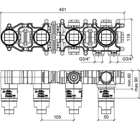 Закладная термостата на 2 потребителя горизонтальная + душ + излив Almar Modular E169003