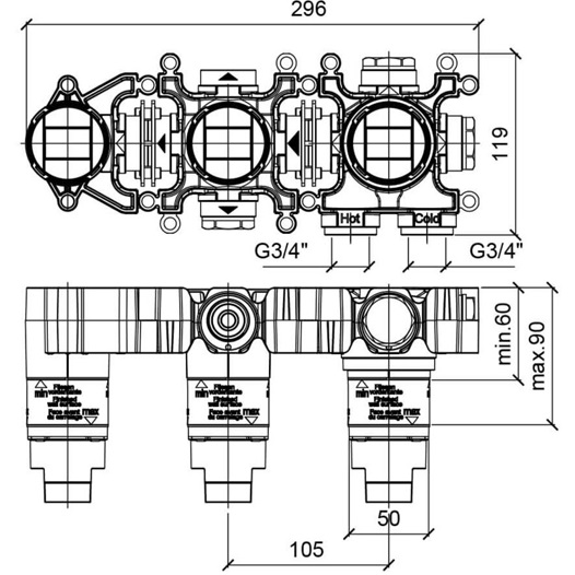 Закладная термостата на 2 потребителя горизонтальная + душ Almar Modula E176903
